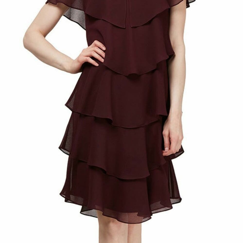 SLNY Flowy Sheer Tiered Maroon Short Dress Rhinestone Bow Bling on Neckline